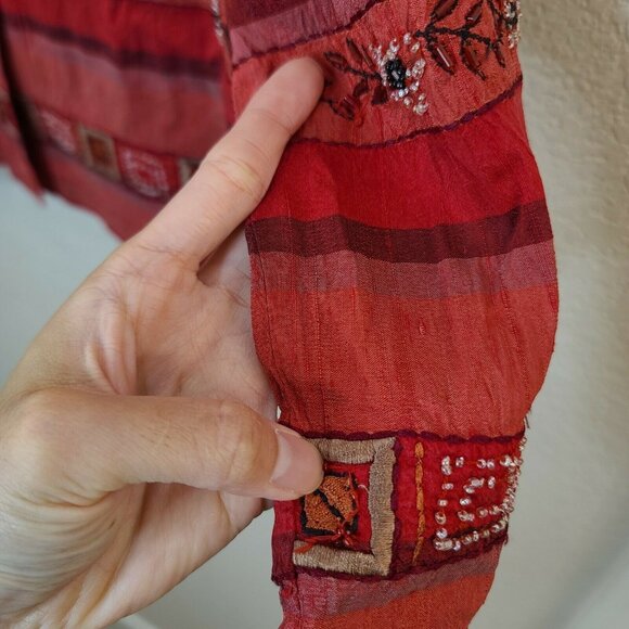 Chico's Design Shirt Womens Medium Red Silk Embroidered Beaded Button Up Casual - Picture 5 of 12